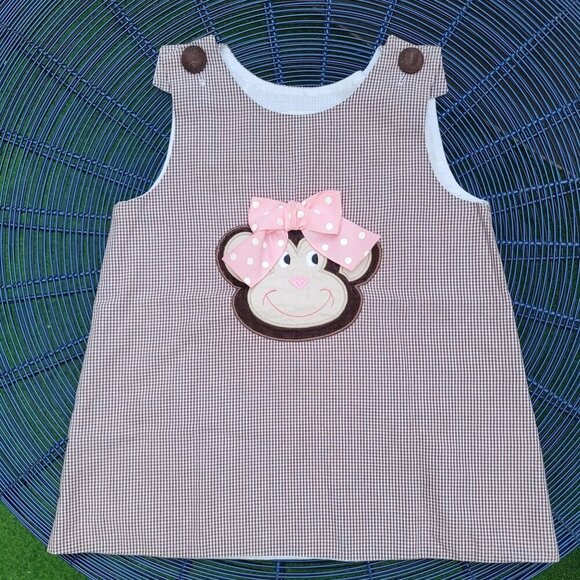 Castles & Crowns ✦ Monkey Applique Dress ✦ Brown Gingham Pink Bow Size 5T NWOT - Picture 2 of 14